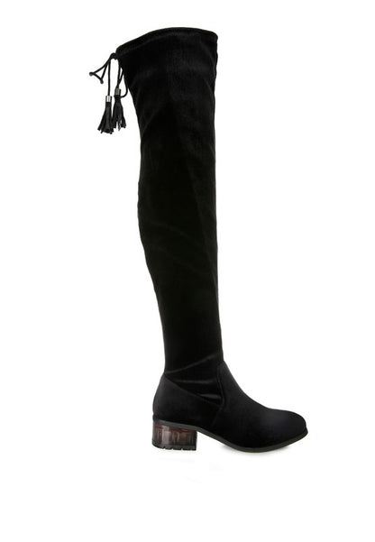 RUMPLE Velvet Knee High Clear Heel Boots