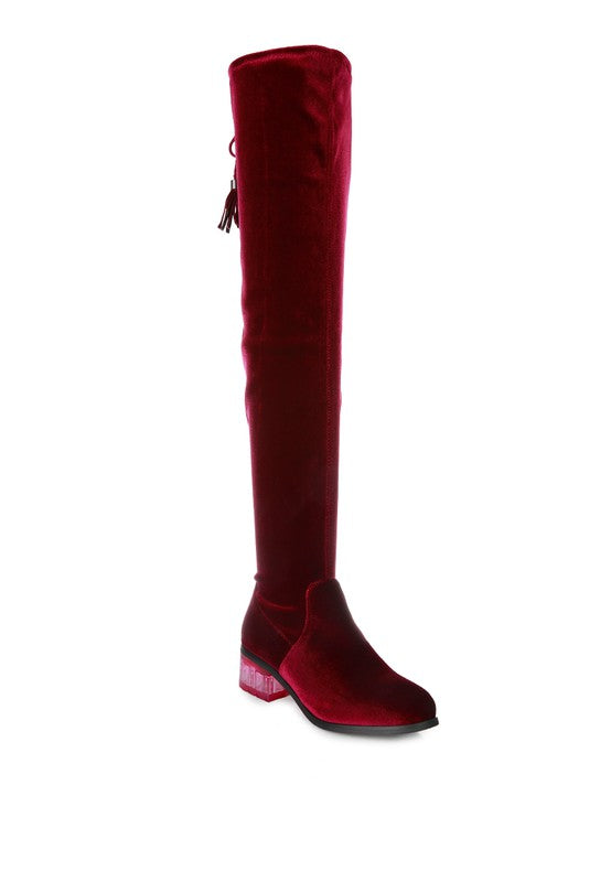 RUMPLE Velvet Knee High Clear Heel Boots