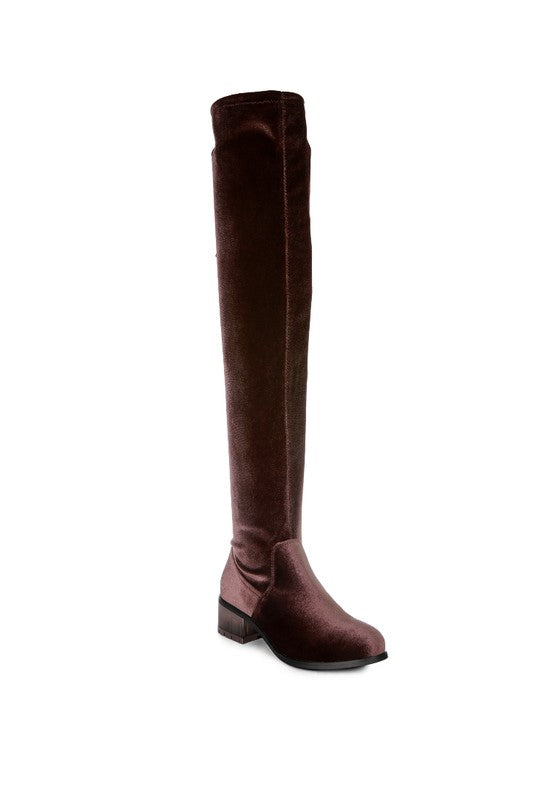 RUMPLE Velvet Knee High Clear Heel Boots