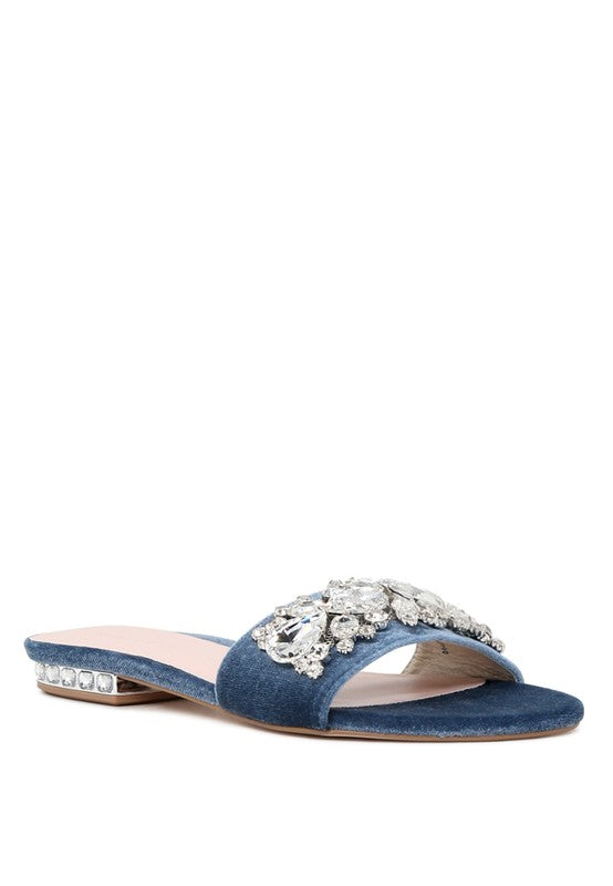 Sally Blue Flat Embellished Sandals