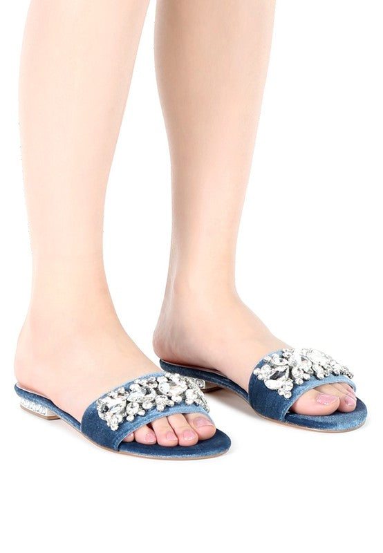 Sally Blue Flat Embellished Sandals