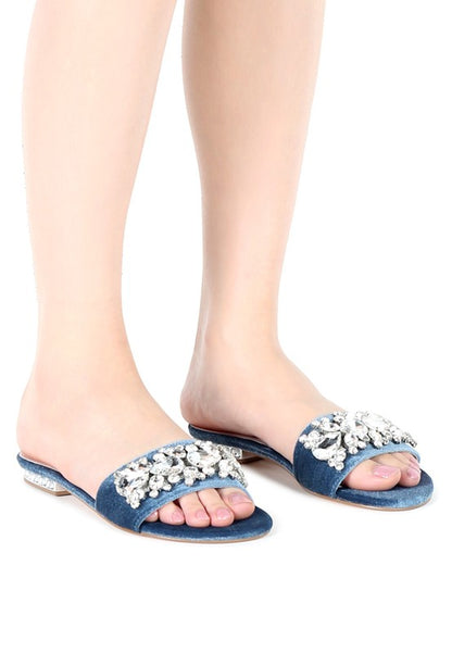 Sally Blue Flat Embellished Sandals