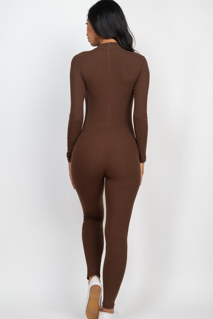 Ribbed Mock Neck Long Sleeve Casual Jumpsuit