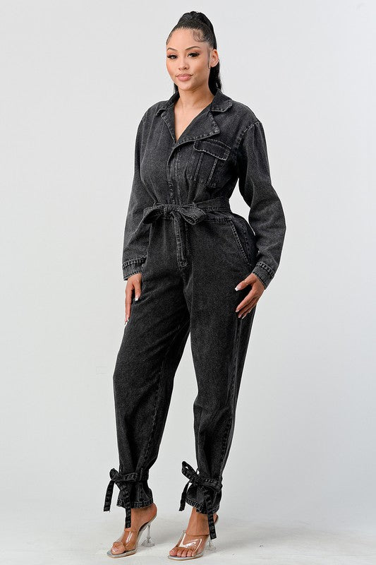 ATHINA BLACK WASHED DENIM TIE DETAIL JUMPSUIT