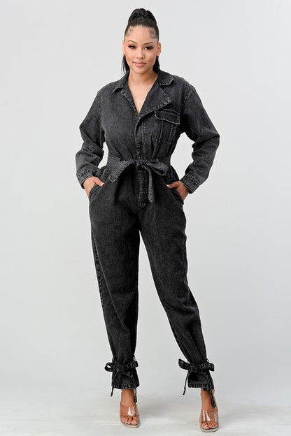 ATHINA BLACK WASHED DENIM TIE DETAIL JUMPSUIT