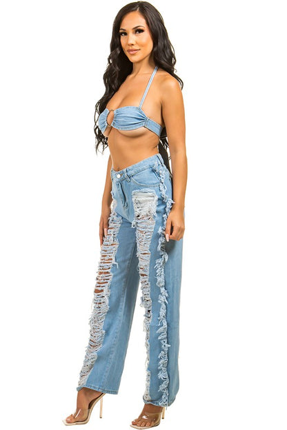 Denim Bra & Multi-Cut Denim Jean Set