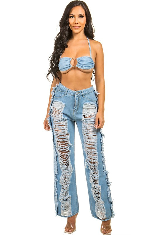 Denim Bra & Multi-Cut Denim Jean Set