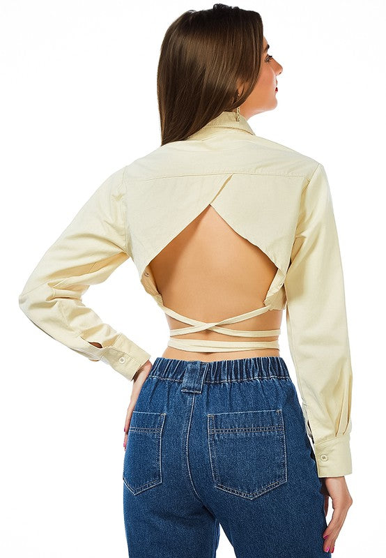 Cut Out Back Long Sleeve Jacket With Strings