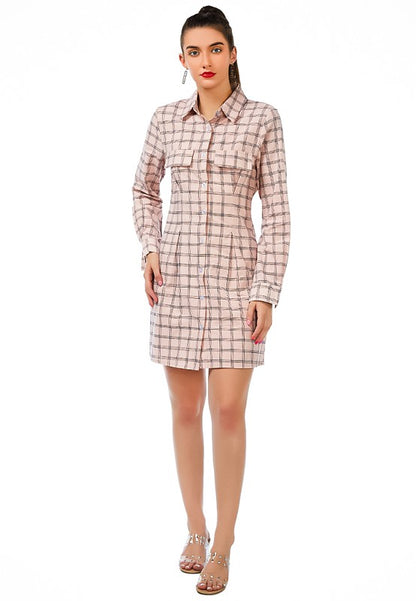 Full Sleeve Chequered Shirt Dress