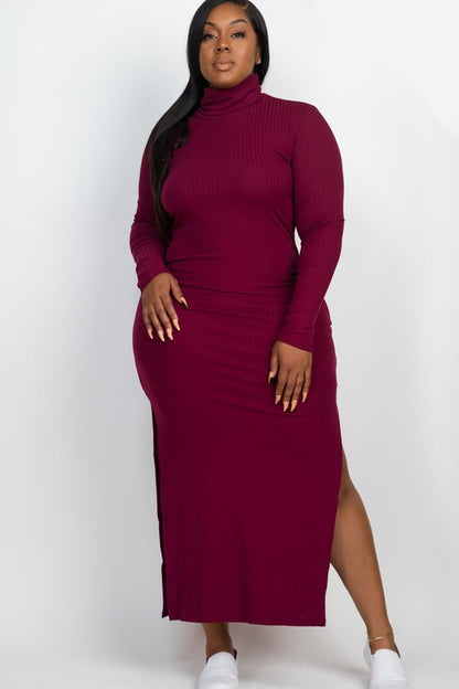 Plus+ Curvy Long Sleeve Side Slit Long Dress