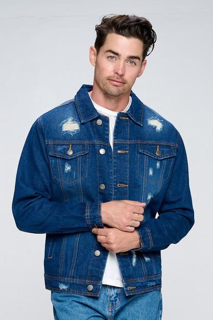 Men's Denim Jacket with Distressed Blue Age