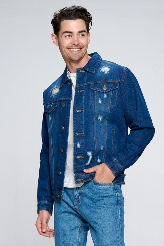 Men's Denim Jacket with Distressed Blue Age