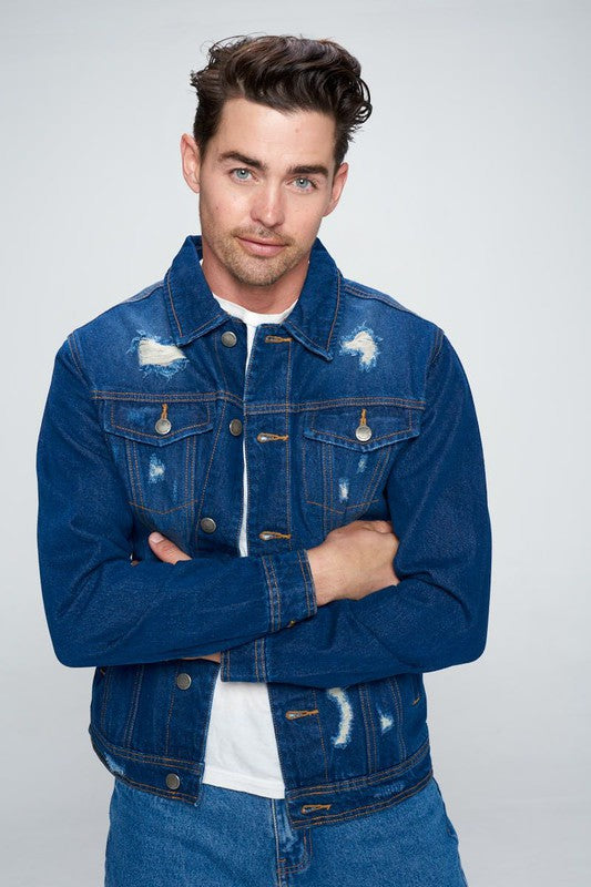 Men's Denim Jacket with Distressed Blue Age