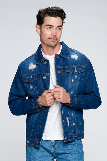 Men's Denim Jacket with Distressed Blue Age