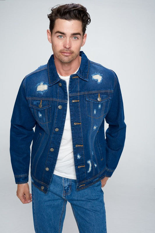 Men's Denim Jacket with Distressed Blue Age