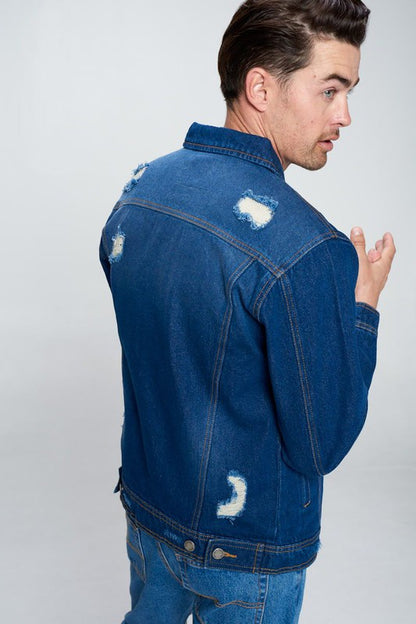 Men's Denim Jacket with Distressed Blue Age