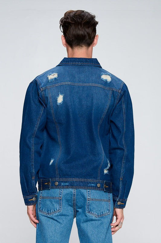 Men's Denim Jacket with Distressed Blue Age