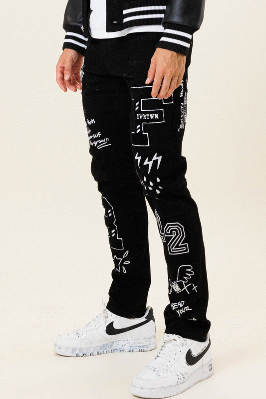 MEN'S MULTI PATCH  SLIM FIT BLACK DENIM PANTS