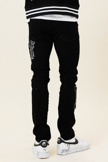 MEN'S MULTI PATCH  SLIM FIT BLACK DENIM PANTS