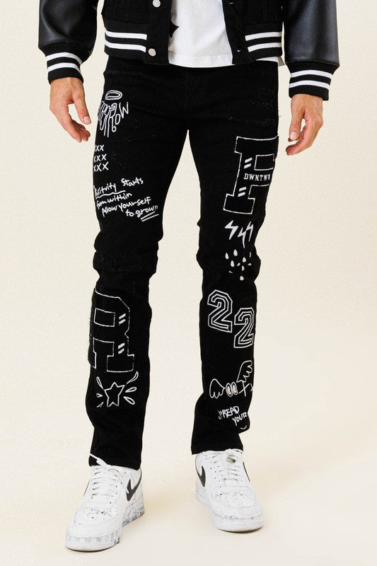 MEN'S MULTI PATCH  SLIM FIT BLACK DENIM PANTS