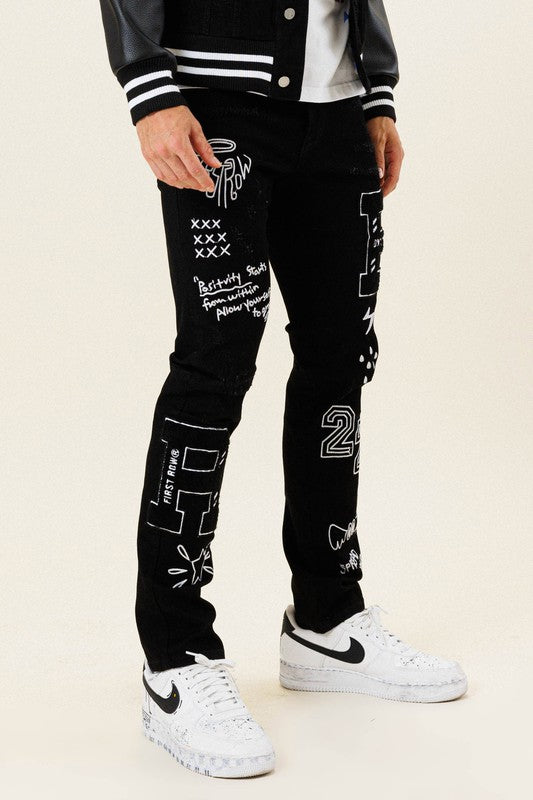 MEN'S MULTI PATCH  SLIM FIT BLACK DENIM PANTS