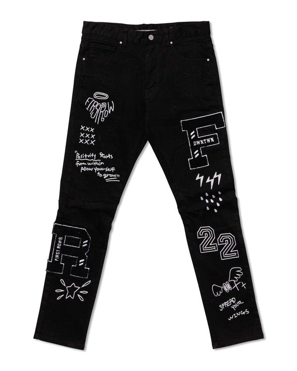 MEN'S MULTI PATCH  SLIM FIT BLACK DENIM PANTS