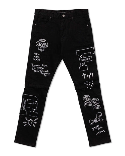 MEN'S MULTI PATCH  SLIM FIT BLACK DENIM PANTS