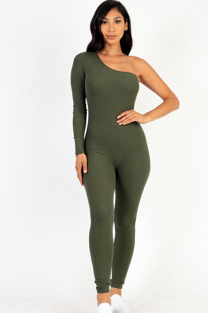 Ribbed Long Sleeve One Shoulder Jumpsuit