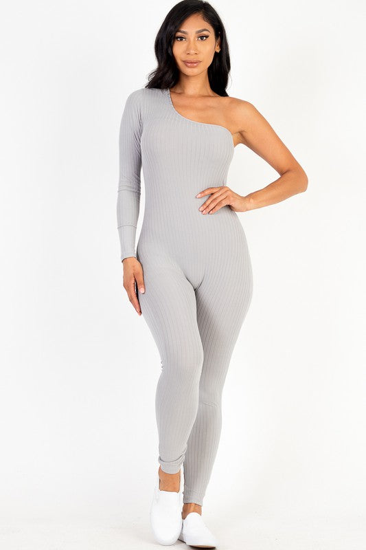 Ribbed Long Sleeve One Shoulder Jumpsuit