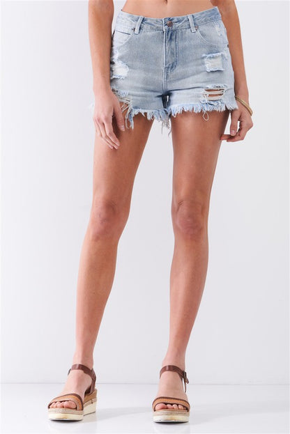 Destroyed High-Waisted Raw Hem Denim Shorts Tasha Apparel