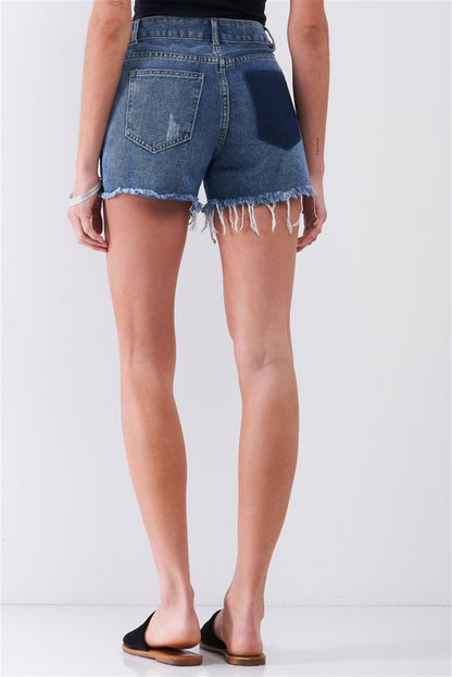 Destroyed High-Waisted Raw Hem Denim Shorts Tasha Apparel