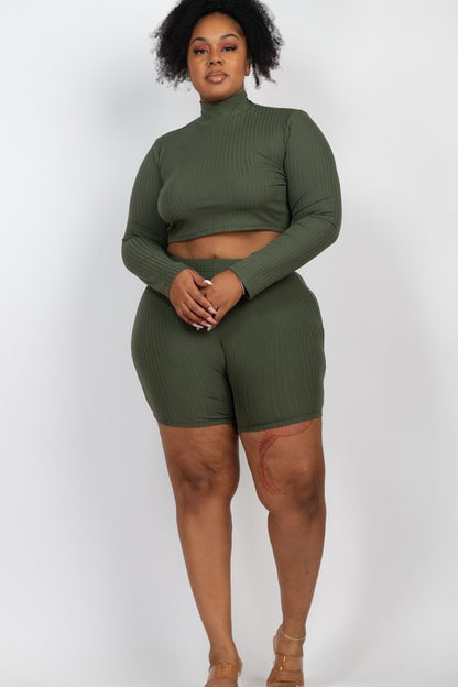 Plus+ Ribbed Mock Neck Crop Top & Shorts Set