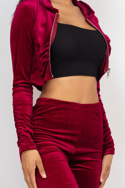 Velour Ruched Zip Up Jacket & Stacked Pants Set