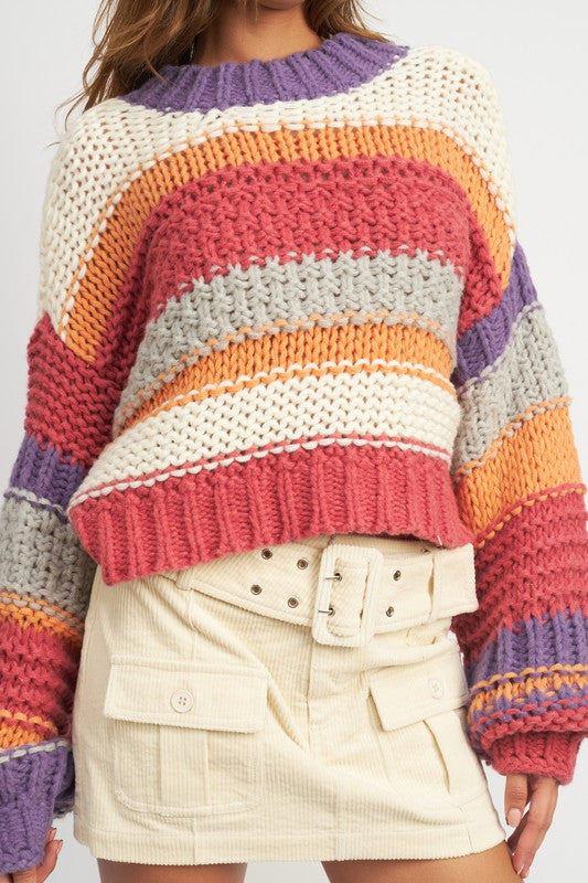 MULTI STRIPED SWEATER WITH MOCK NECK