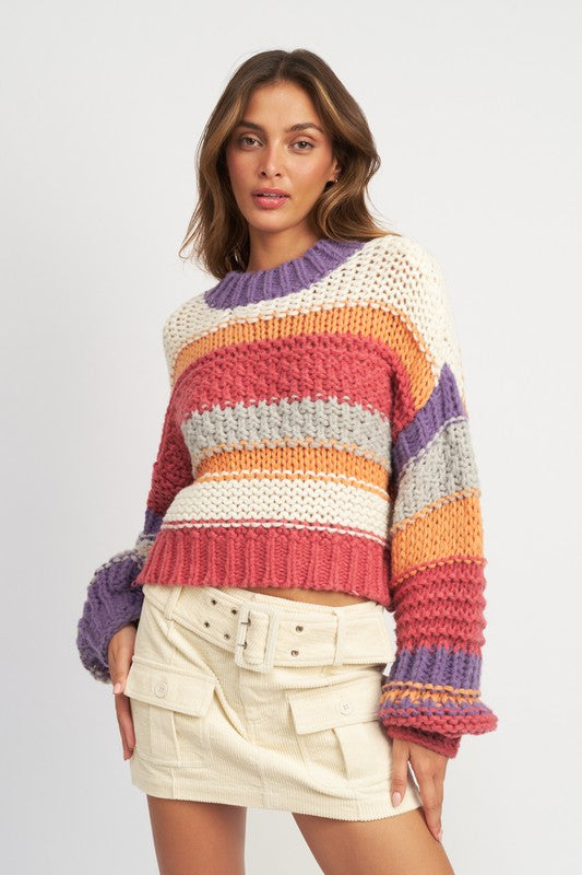 MULTI STRIPED SWEATER WITH MOCK NECK