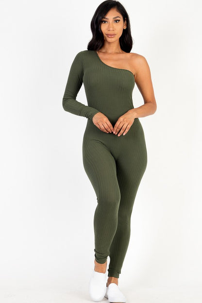 Ribbed Long Sleeve One Shoulder Jumpsuit