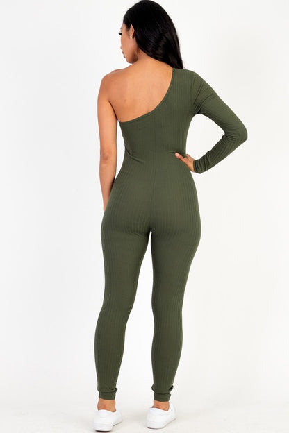 Ribbed Long Sleeve One Shoulder Jumpsuit