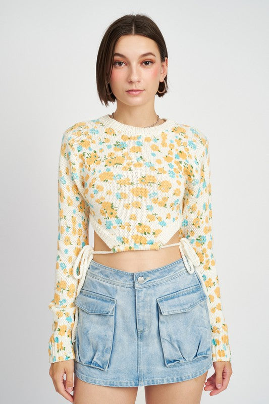 Printed Sweater Top with Drawstrings