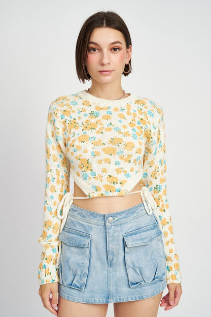 Printed Sweater Top with Drawstrings