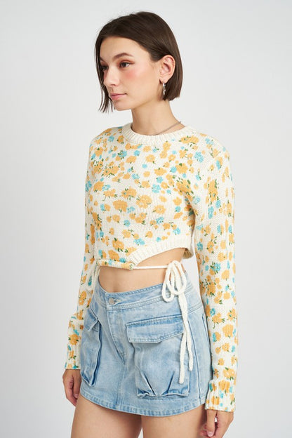 Printed Sweater Top with Drawstrings