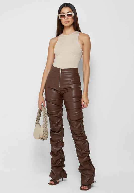 Stacked PU Leather Pants - Brown