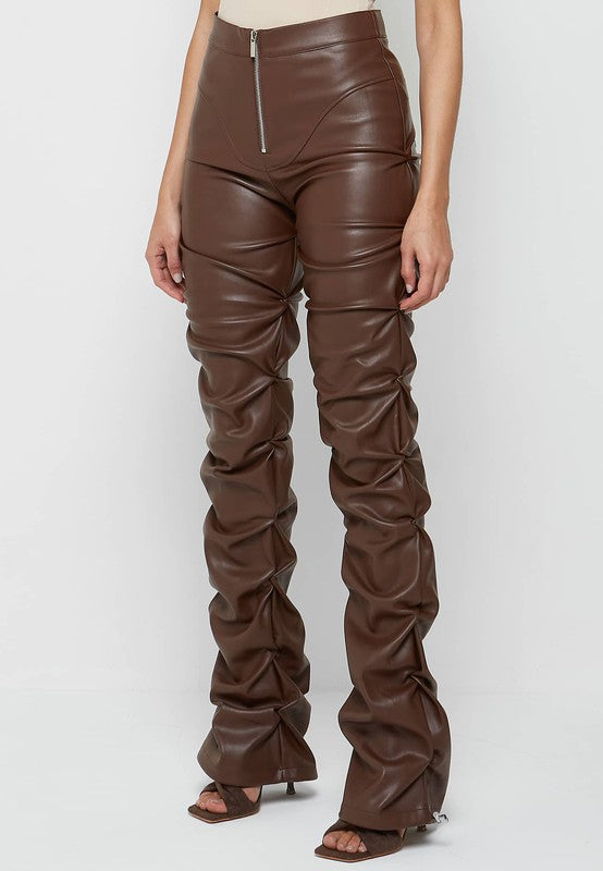 Stacked PU Leather Pants - Brown