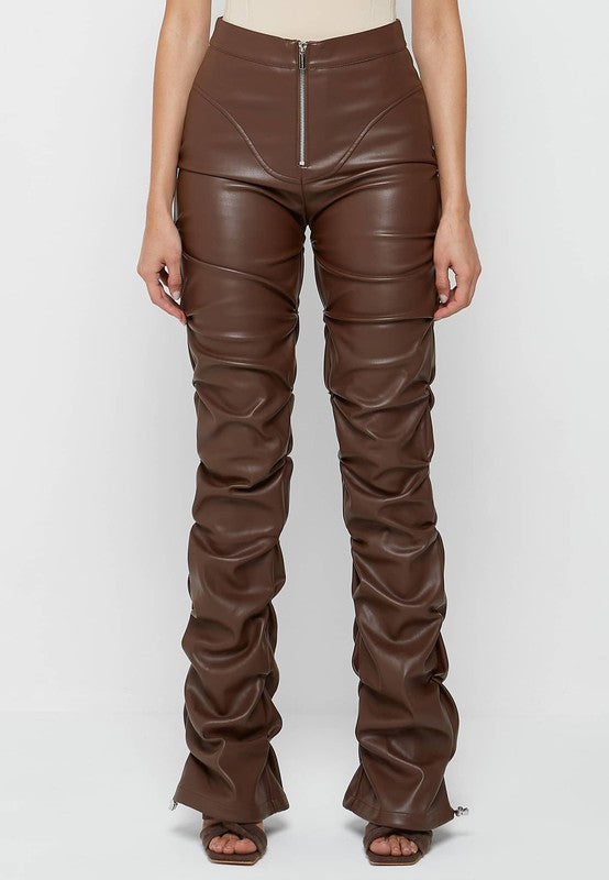 Stacked PU Leather Pants - Brown