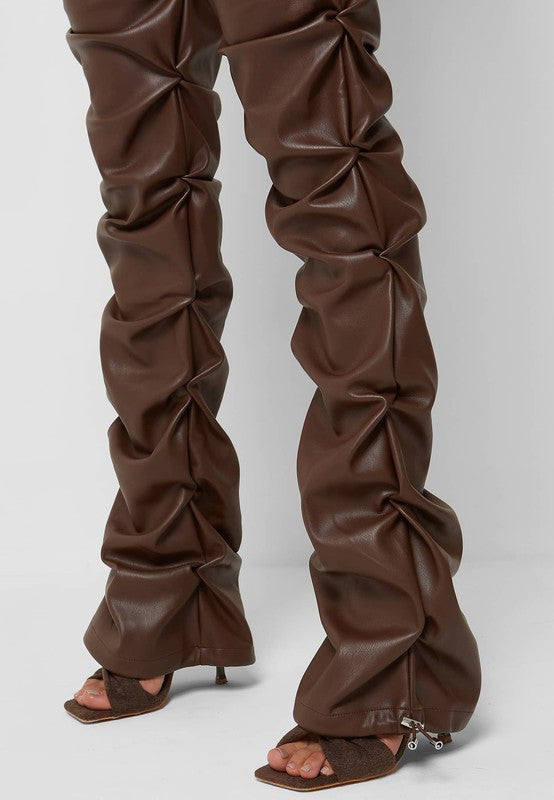 Stacked PU Leather Pants - Brown