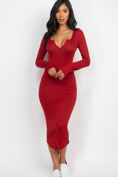 Split Neck Long Sleeve Midi Dress