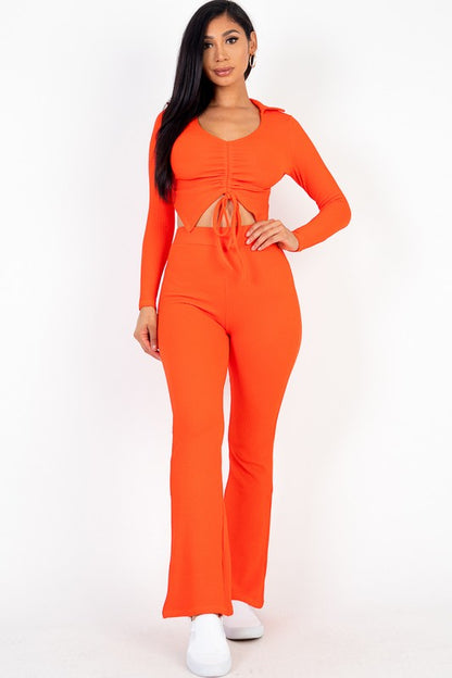 Ruched Drawstring Crop Shirt & Flare Pants Set