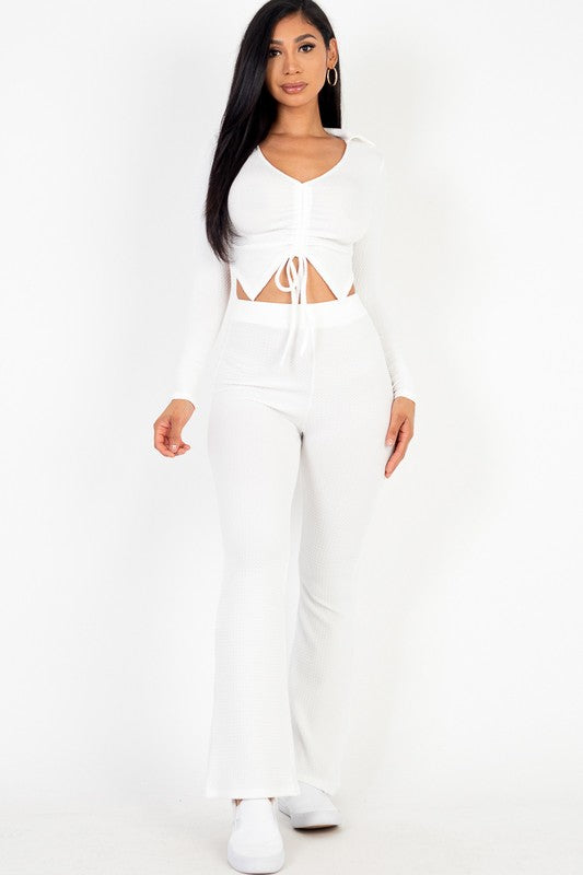 Ruched Drawstring Crop Shirt & Flare Pants Set