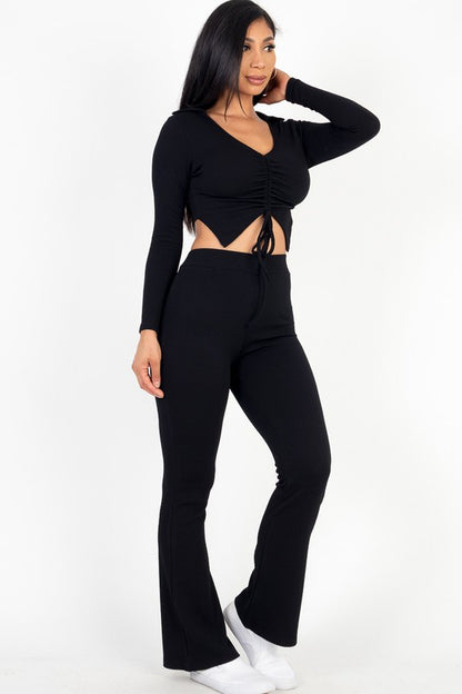 Ruched Drawstring Crop Shirt & Flare Pants Set