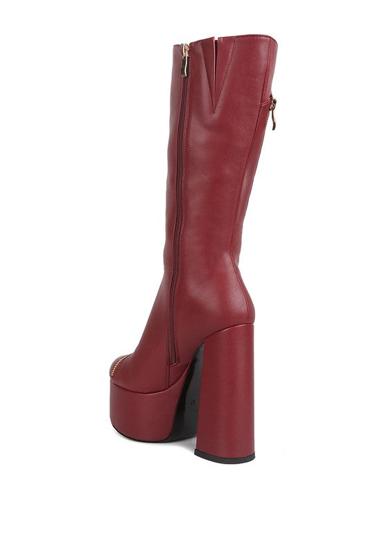 Tzar Faux Leather High Heeled Platfrom Calf Boots