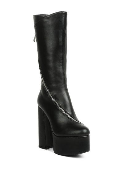 Tzar Faux Leather High Heeled Platfrom Calf Boots